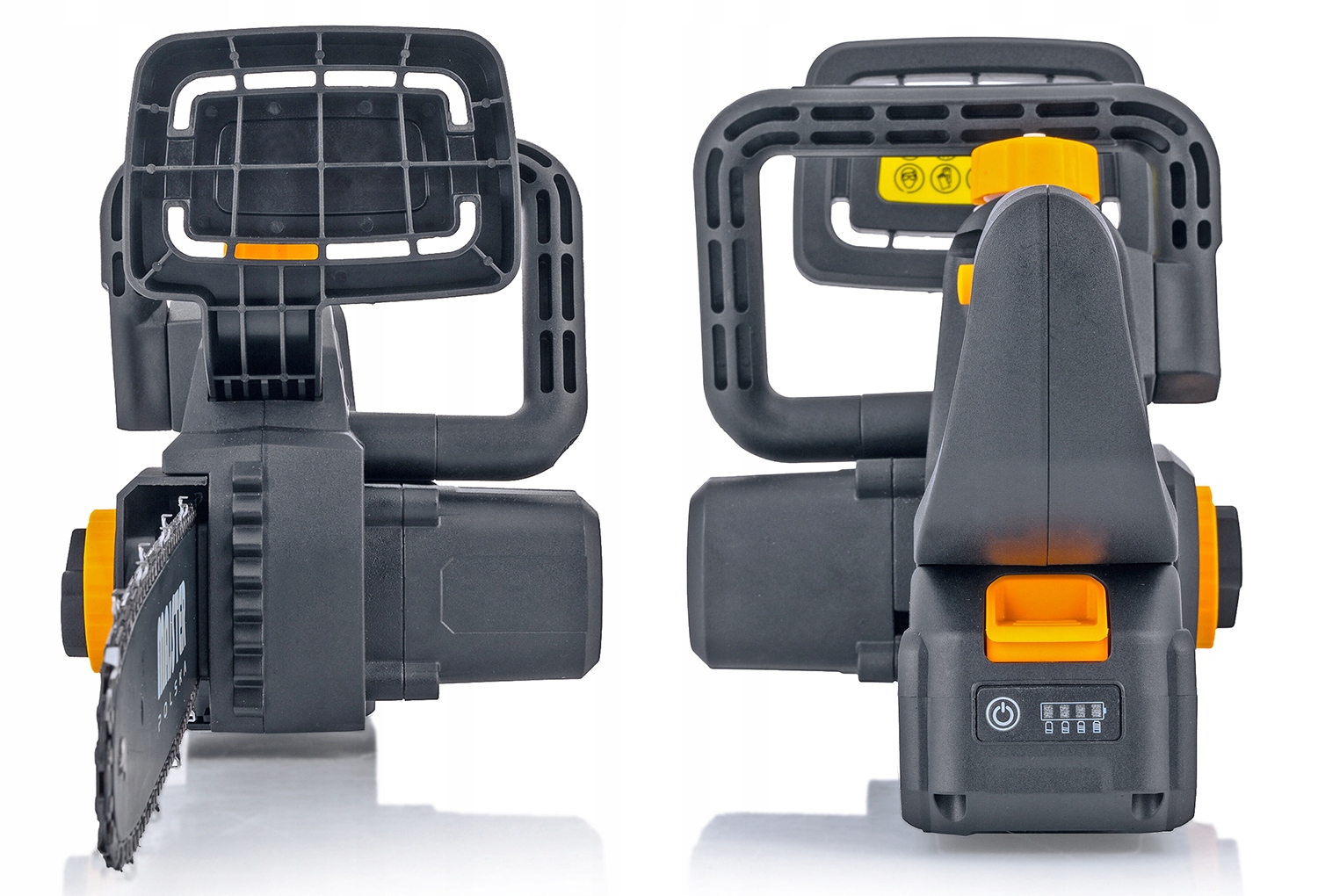 Bezszczotkowa piła łańcuchowa akumulatorowa marki Majster Polska, dominują kolory czarny i szary, z pomarańczowymi akcentami (np. na korku zbiornika oleju, przycisku zwalniającym akumulator, pokrętle regulacji łańcucha) - ujęcie nr 3